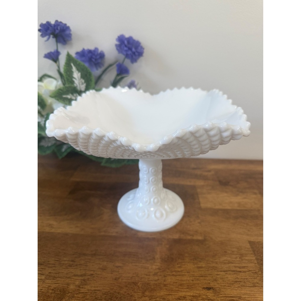 Vintage Fenton Style Milk Glass Pedestal Compote Moon Star Base Scalloped Edge